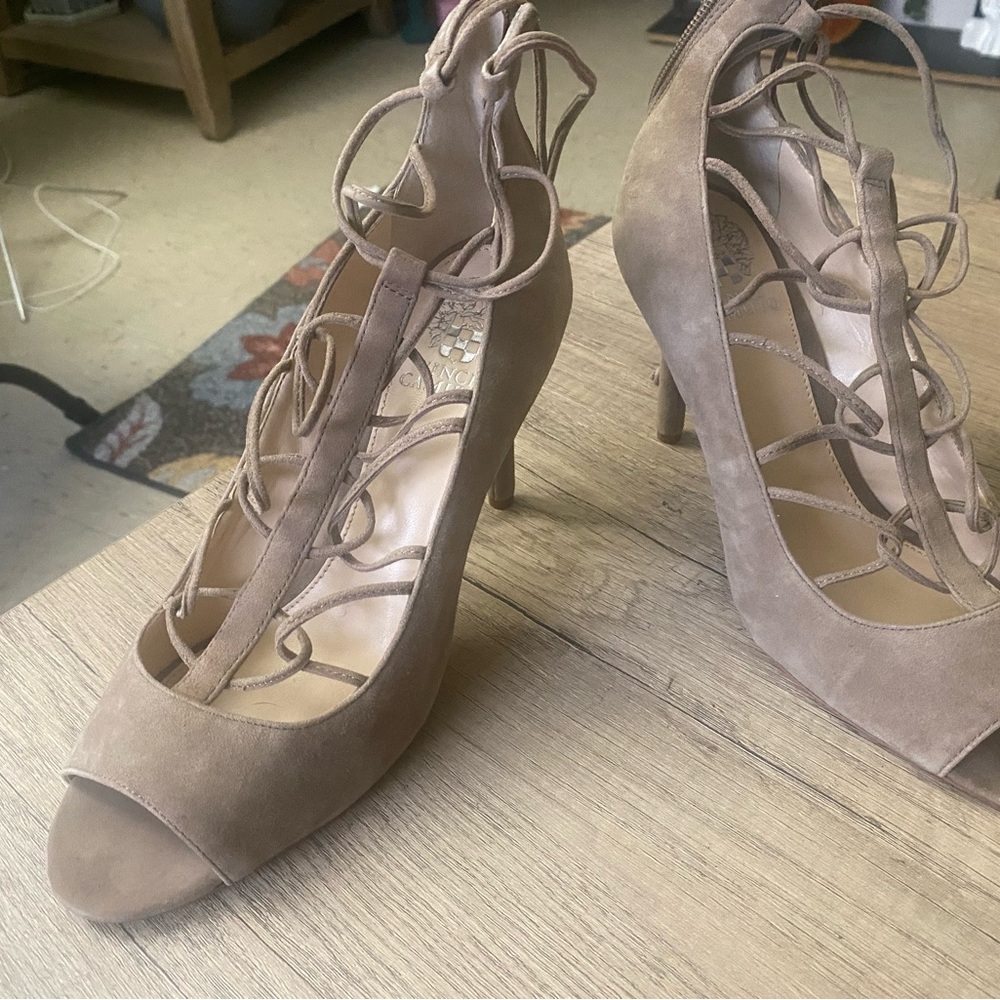 Vince Camuto Brown Lace-Up Suede Heels